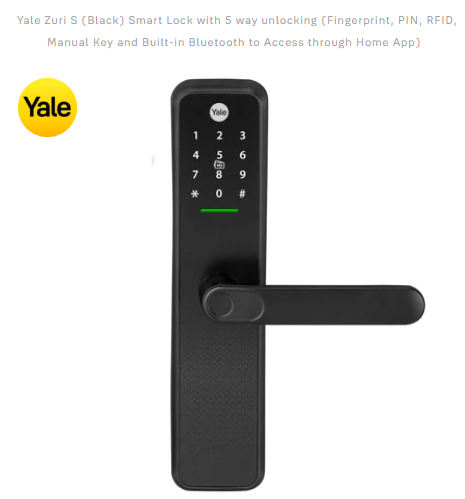 Yale Zuri S (Black) Smart Lock with 5 way unlocking (Fingerprint, PIN, RFID, Manual Key and Built-in Bluetooth to Access through Home App)
